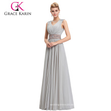 Grace Karin Lange V-Ausschnitt Ärmellos Chiffon Perlen Hellgrau Abendkleid CL3403-2